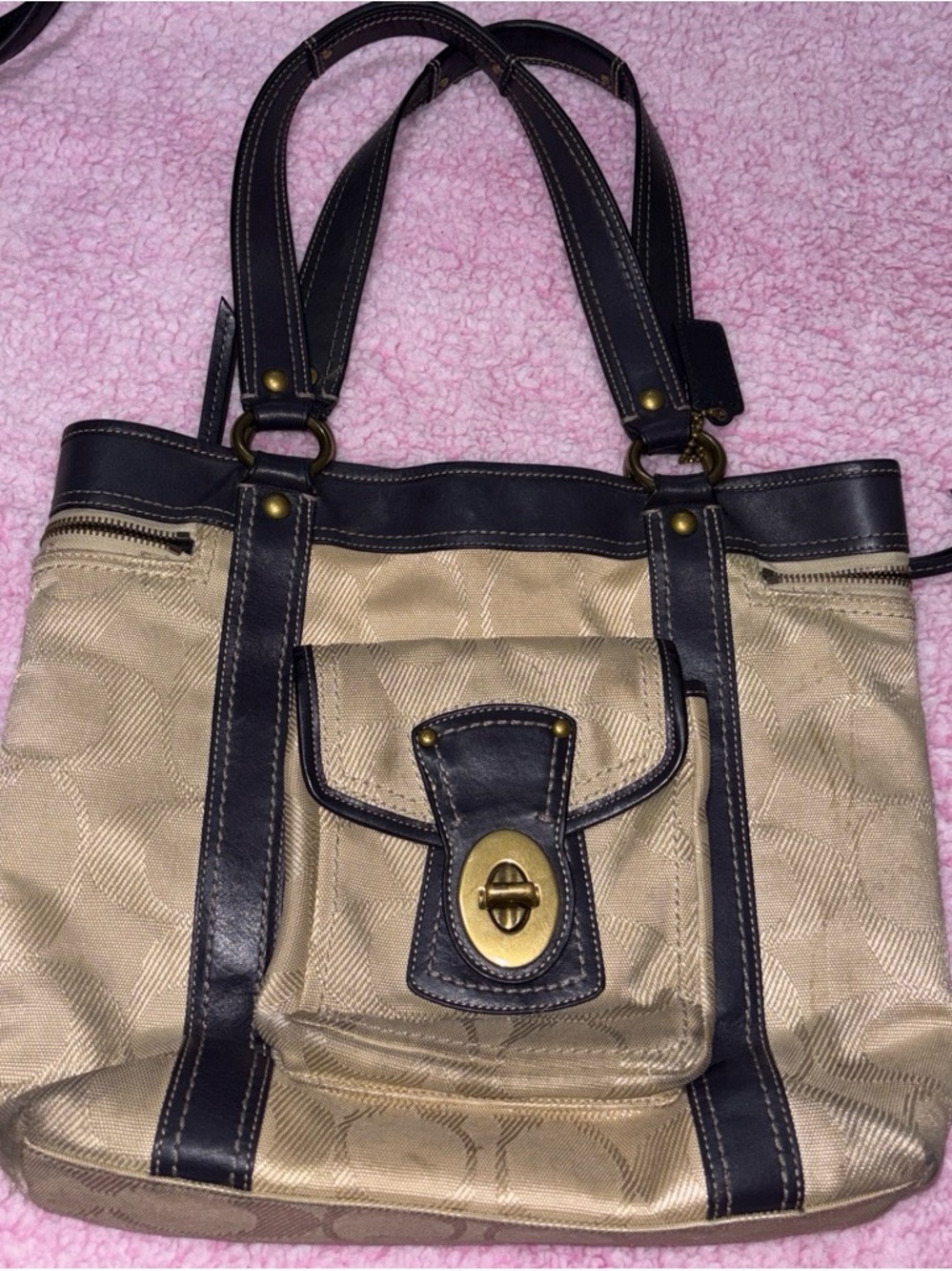 Coach Beige Shoulder Bag with Dark Brown Trim and Gold Hardware